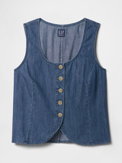 Mavi V Yaka Denim Askılı Bluz