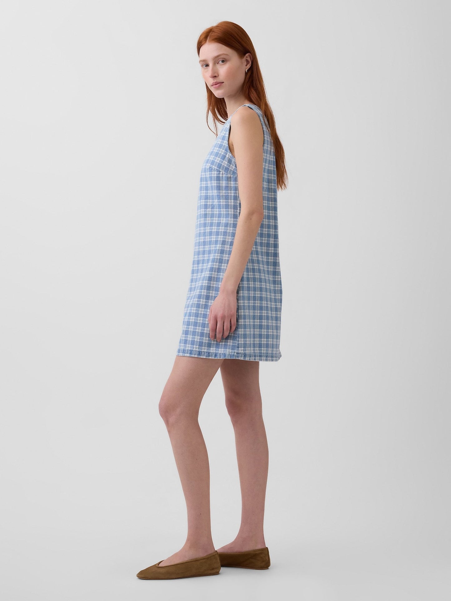 Açık Mavi Kareli Denim Mini Shift Elbise