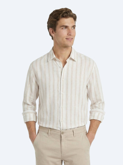 Açık Bej Çizgili Oversize Fit Uzun Dokuma Casual Keten Karışımlı Gömlek