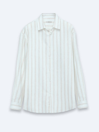 Açık Bej Çizgili Oversize Fit Uzun Dokuma Casual Keten Karışımlı Gömlek