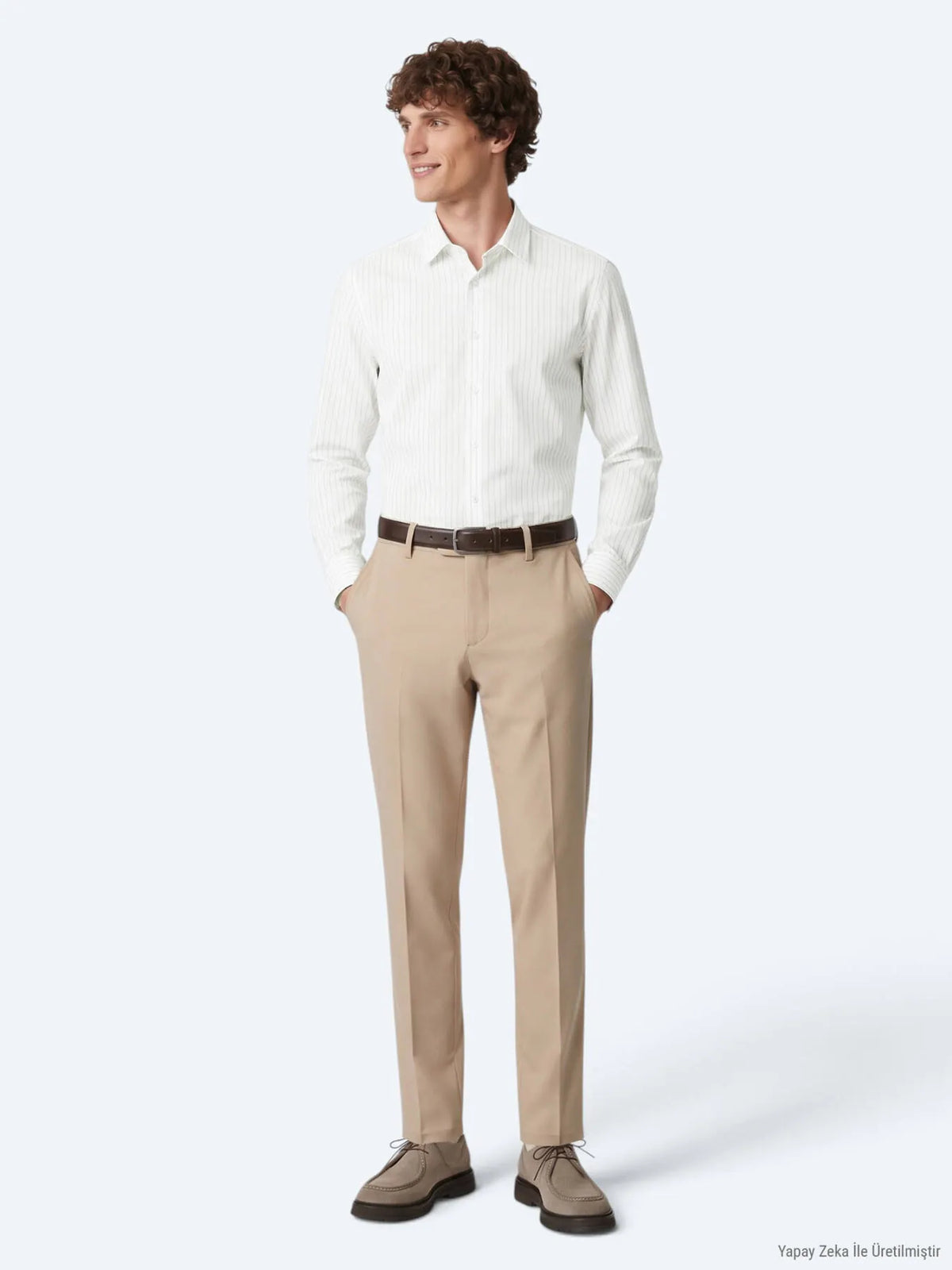 Açık Bej Çizgili Regular Fit Uzun Dokuma Casual %100 Pamuk Gömlek