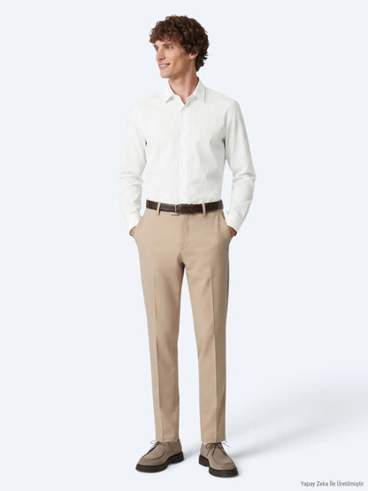 Açık Bej Çizgili Regular Fit Uzun Dokuma Casual %100 Pamuk Gömlek