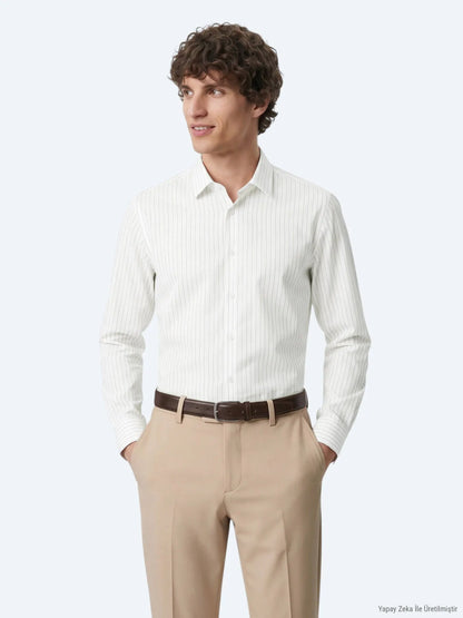 Açık Bej Çizgili Regular Fit Uzun Dokuma Casual %100 Pamuk Gömlek