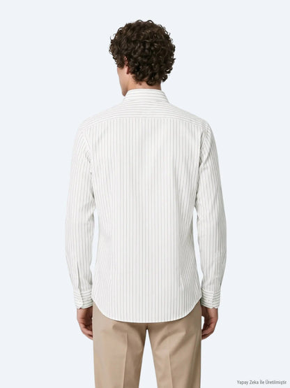Açık Bej Çizgili Regular Fit Uzun Dokuma Casual %100 Pamuk Gömlek