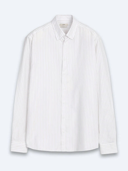 Açık Bej Çizgili Regular Fit Uzun Dokuma Casual %100 Pamuk Gömlek
