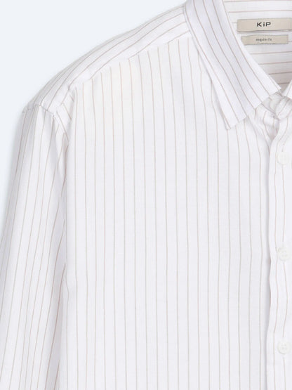 Açık Bej Çizgili Regular Fit Uzun Dokuma Casual %100 Pamuk Gömlek