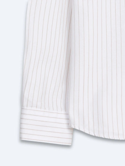 Açık Bej Çizgili Regular Fit Uzun Dokuma Casual %100 Pamuk Gömlek