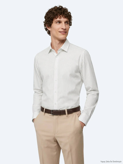 Açık Bej Çizgili Regular Fit Uzun Dokuma Casual %100 Pamuk Gömlek