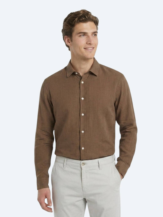 Açık Kahve Düz Regular Fit Uzun Dokuma Casual %100 Pamuk Gömlek