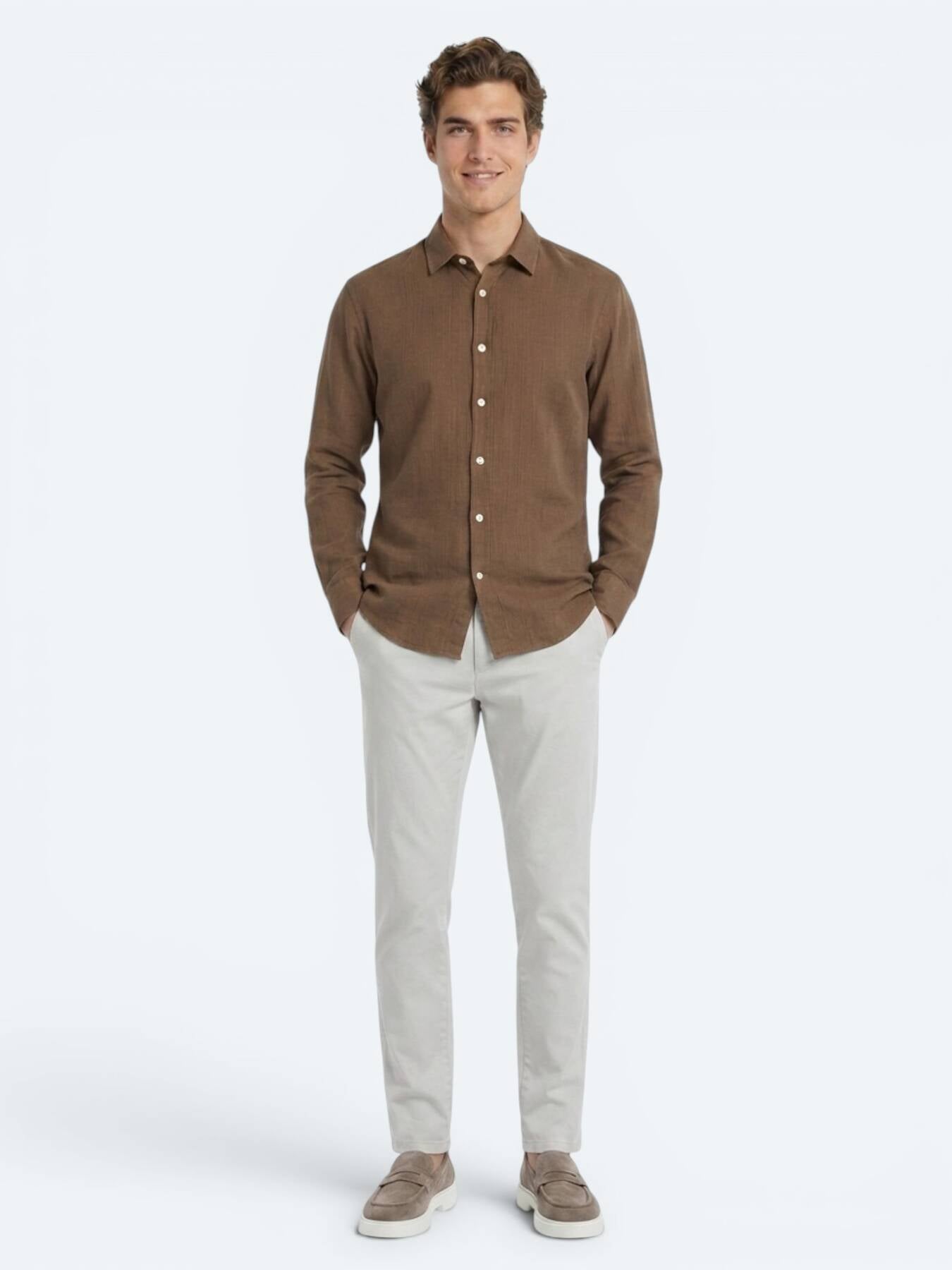 Açık Kahve Düz Regular Fit Uzun Dokuma Casual %100 Pamuk Gömlek