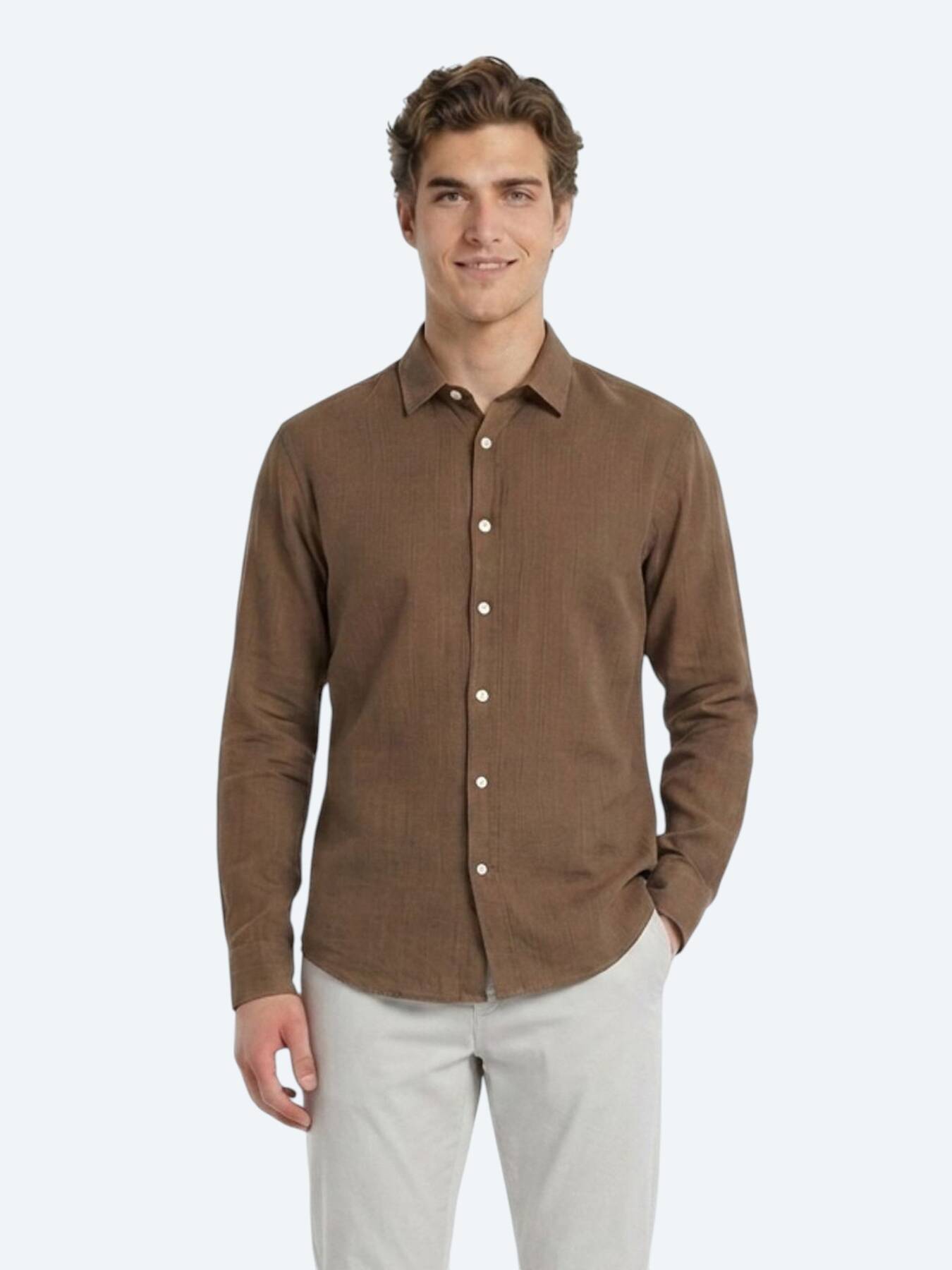 Açık Kahve Düz Regular Fit Uzun Dokuma Casual %100 Pamuk Gömlek