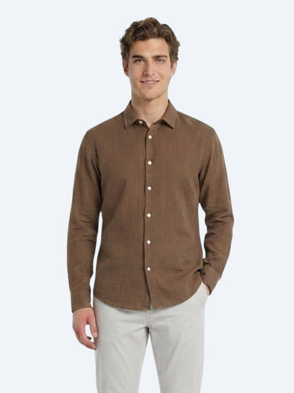 Açık Kahve Düz Regular Fit Uzun Dokuma Casual %100 Pamuk Gömlek