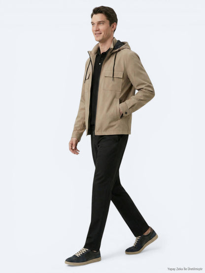 Açık Kahve Regular Fit Kapüşonlu Casual Dokuma Mont
