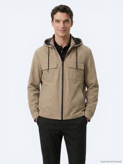 Açık Kahve Regular Fit Kapüşonlu Casual Dokuma Mont