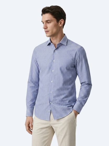 Açık Lacivert Çizgili Regular Fit Uzun Dokuma Casual Pamuk Karışımlı Gömlek