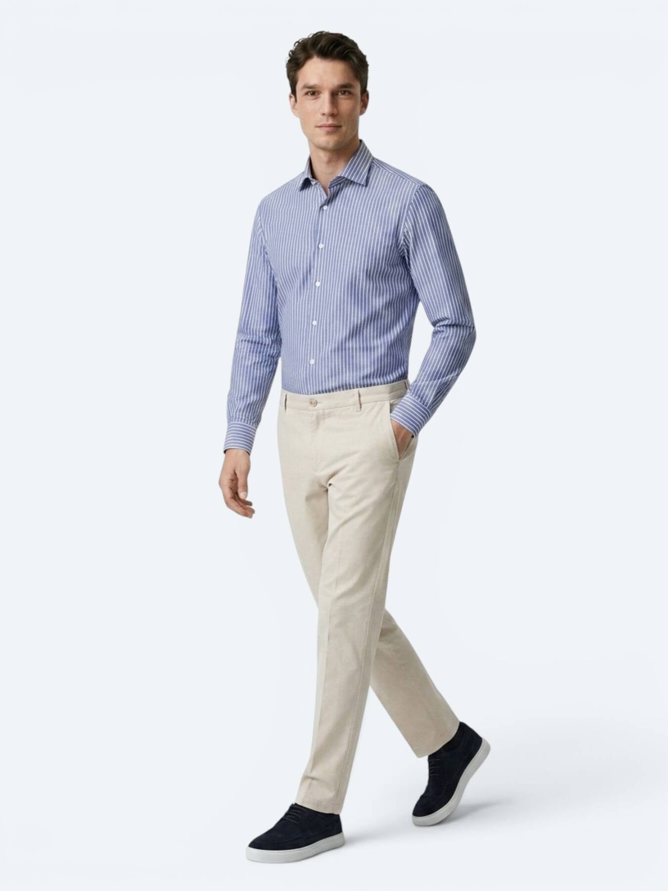 Açık Lacivert Çizgili Regular Fit Uzun Dokuma Casual Pamuk Karışımlı Gömlek