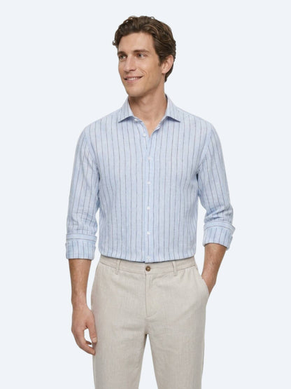 Açık Mavi Çizgili Regular Fit Uzun Casual Gömlek