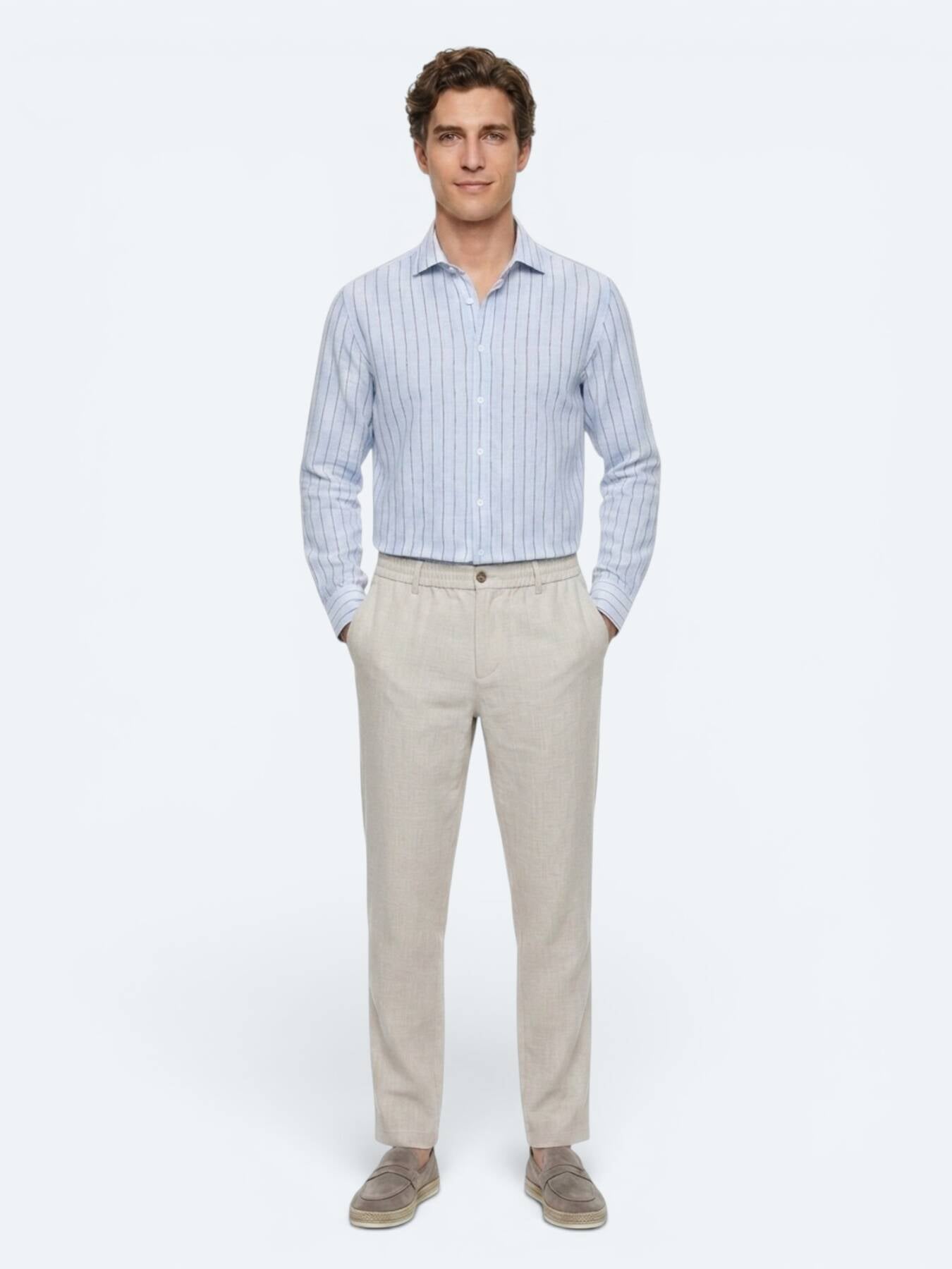 Açık Mavi Çizgili Regular Fit Uzun Casual Gömlek