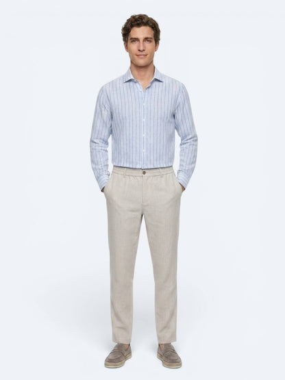 Açık Mavi Çizgili Regular Fit Uzun Casual Gömlek