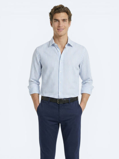 Açık Mavi Çizgili Regular Fit Uzun Casual Gömlek