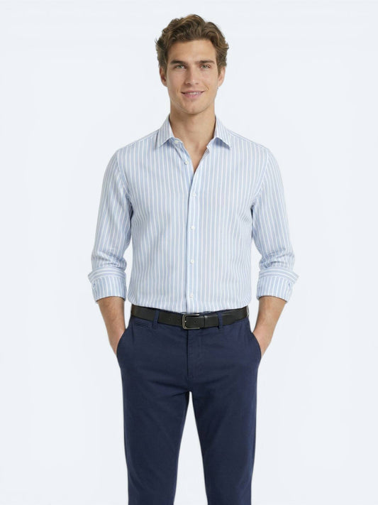 Açık Mavi Çizgili Regular Fit Uzun Casual Gömlek