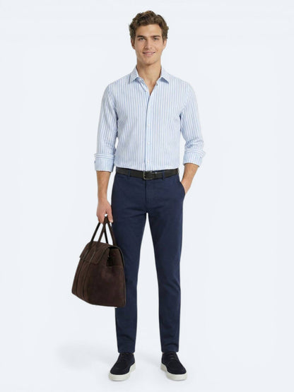 Açık Mavi Çizgili Regular Fit Uzun Casual Gömlek