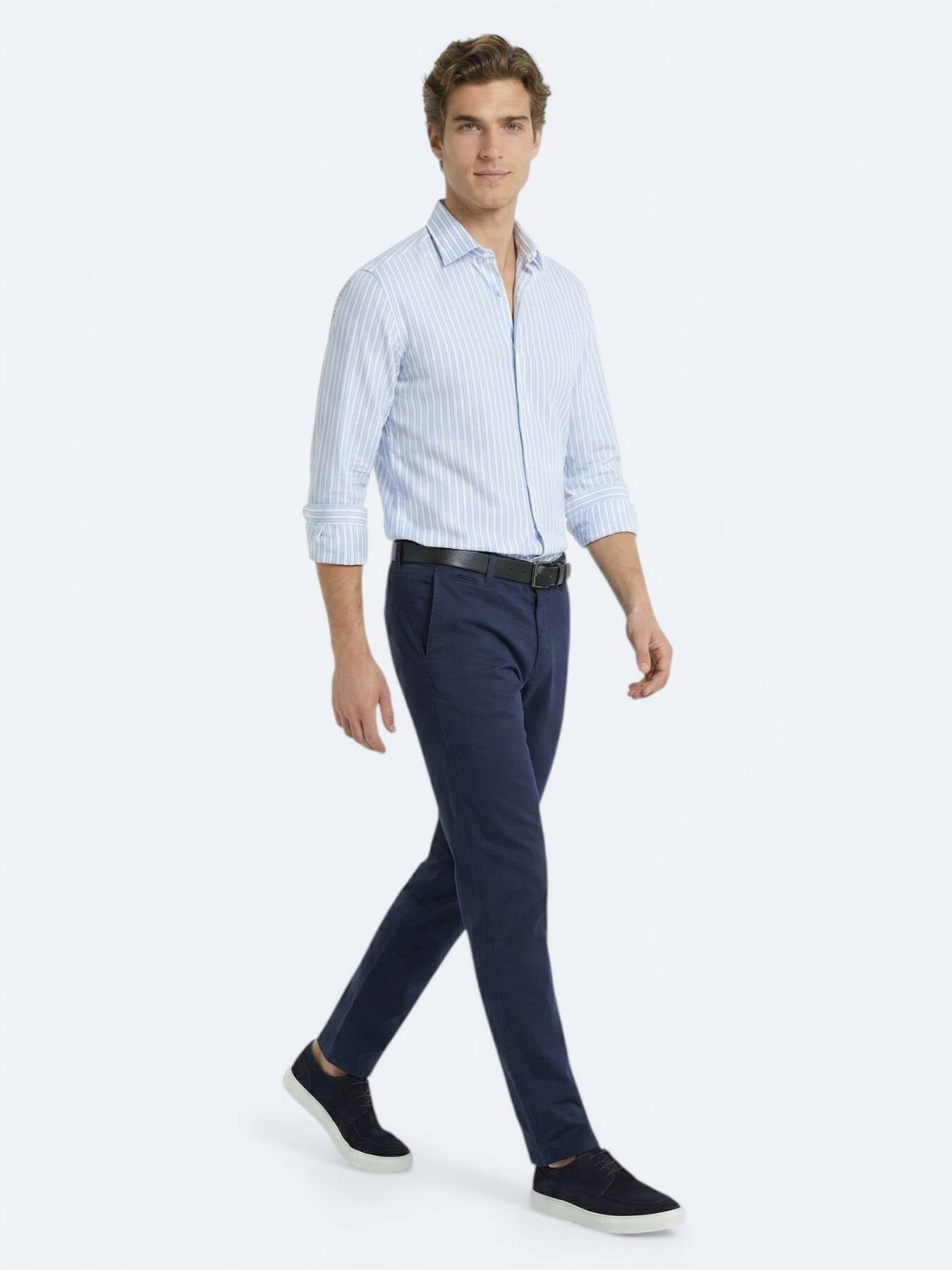 Açık Mavi Çizgili Regular Fit Uzun Casual Gömlek