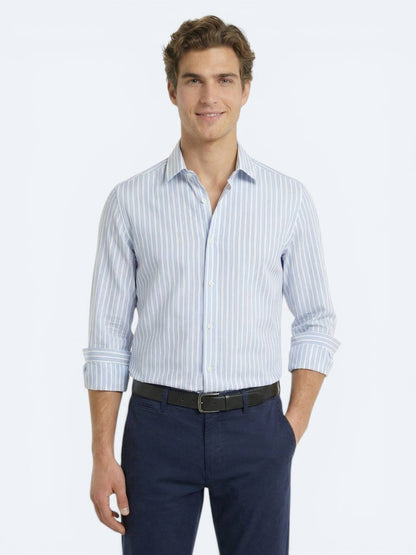 Açık Mavi Çizgili Regular Fit Uzun Casual Gömlek
