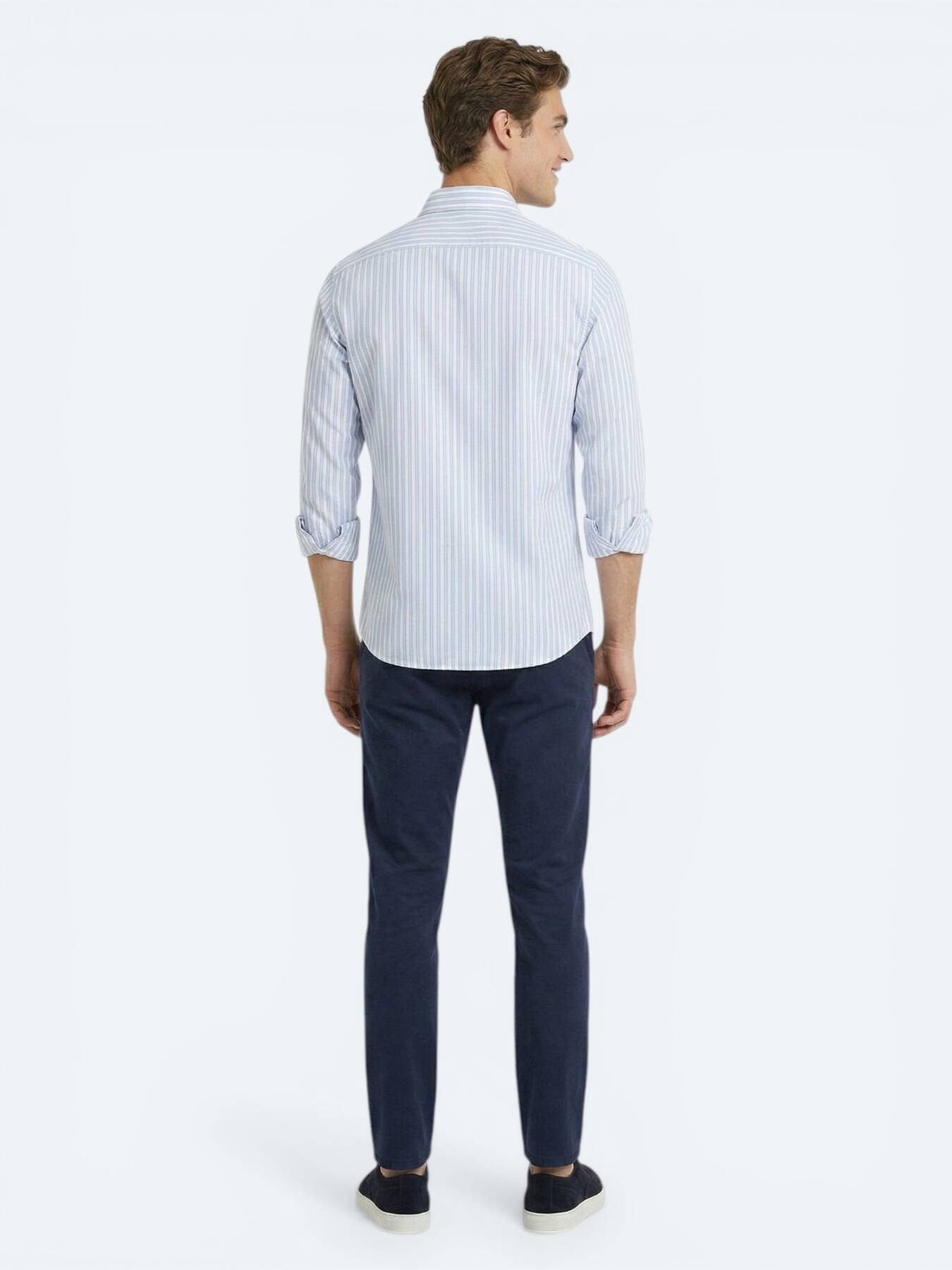 Açık Mavi Çizgili Regular Fit Uzun Casual Gömlek