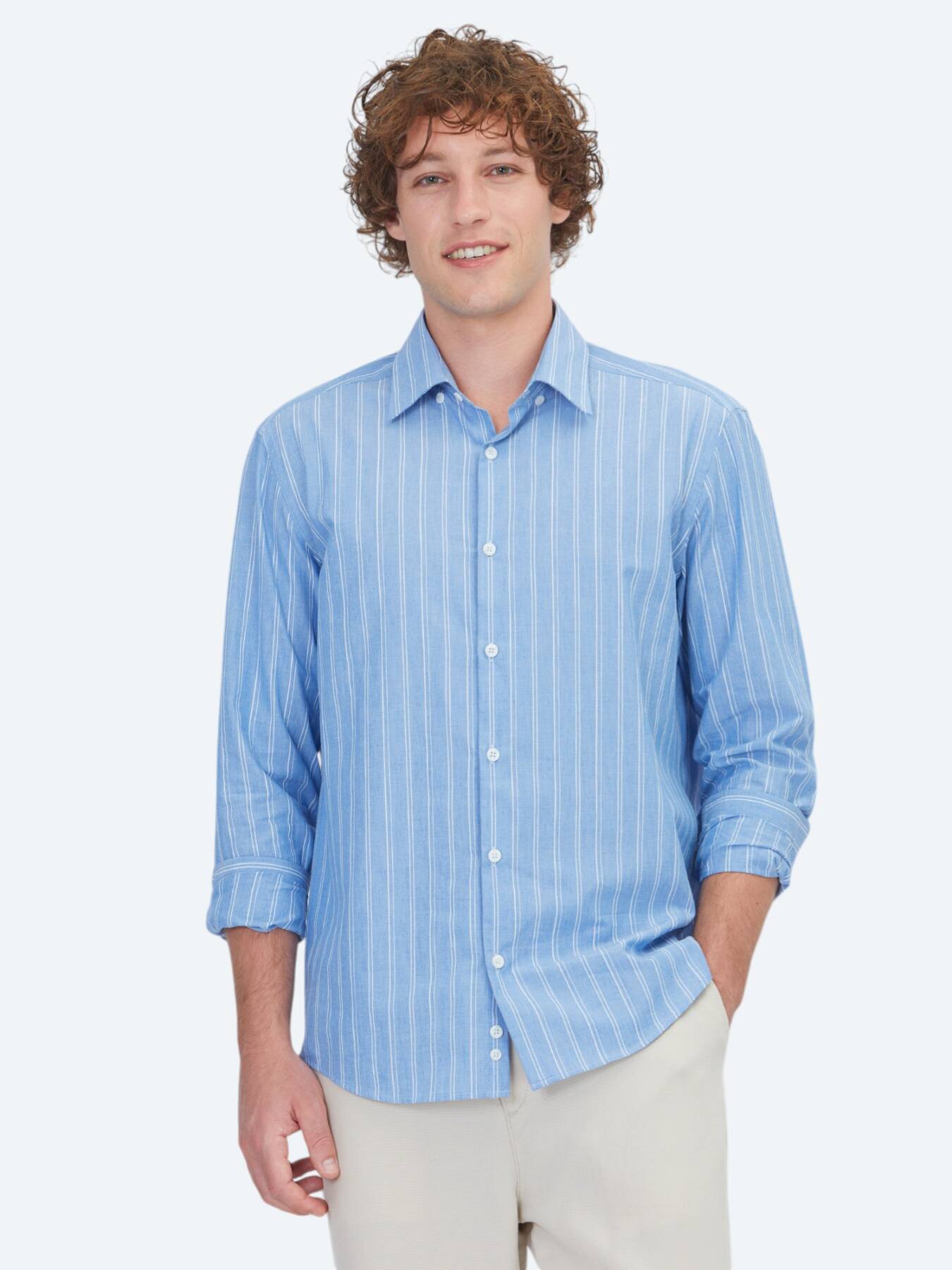 Açık Mavi Çizgili Regular Fit Uzun Dokuma Casual %100 Pamuk Gömlek