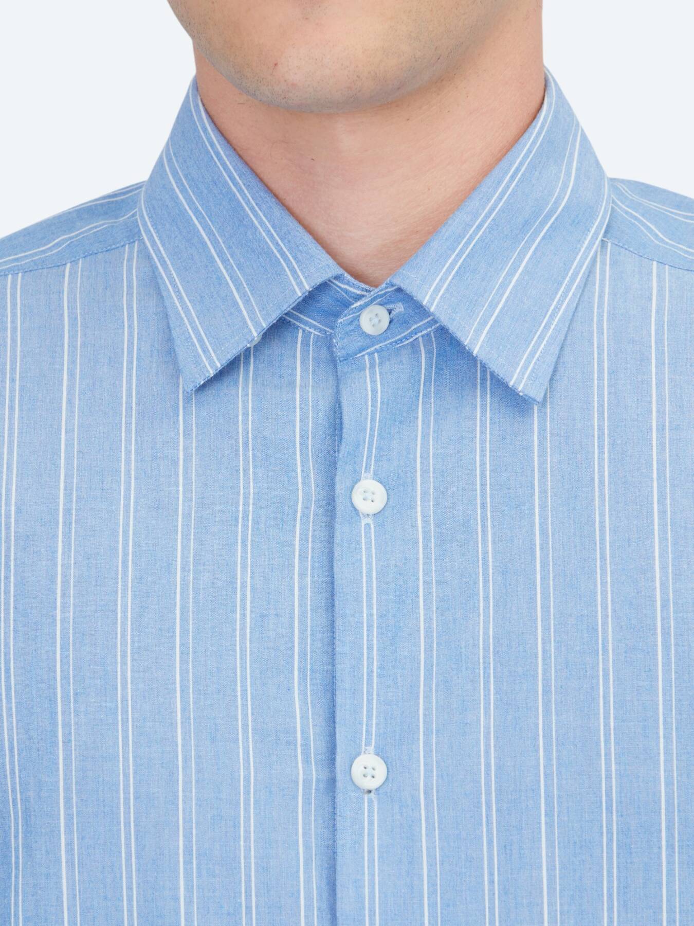 Açık Mavi Çizgili Regular Fit Uzun Dokuma Casual %100 Pamuk Gömlek