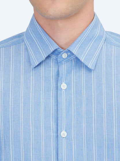 Açık Mavi Çizgili Regular Fit Uzun Dokuma Casual %100 Pamuk Gömlek