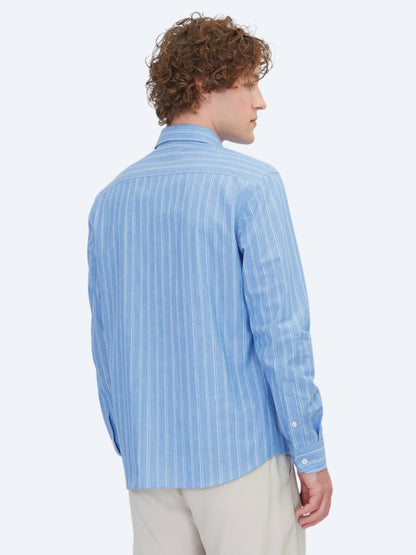 Açık Mavi Çizgili Regular Fit Uzun Dokuma Casual %100 Pamuk Gömlek