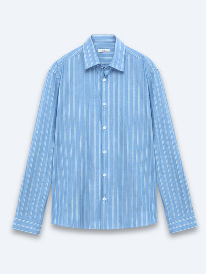 Açık Mavi Çizgili Regular Fit Uzun Dokuma Casual %100 Pamuk Gömlek