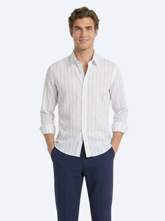 Açık Mavi Çizgili Regular Fit Uzun Dokuma Casual Pamuk Karışımlı Gömlek