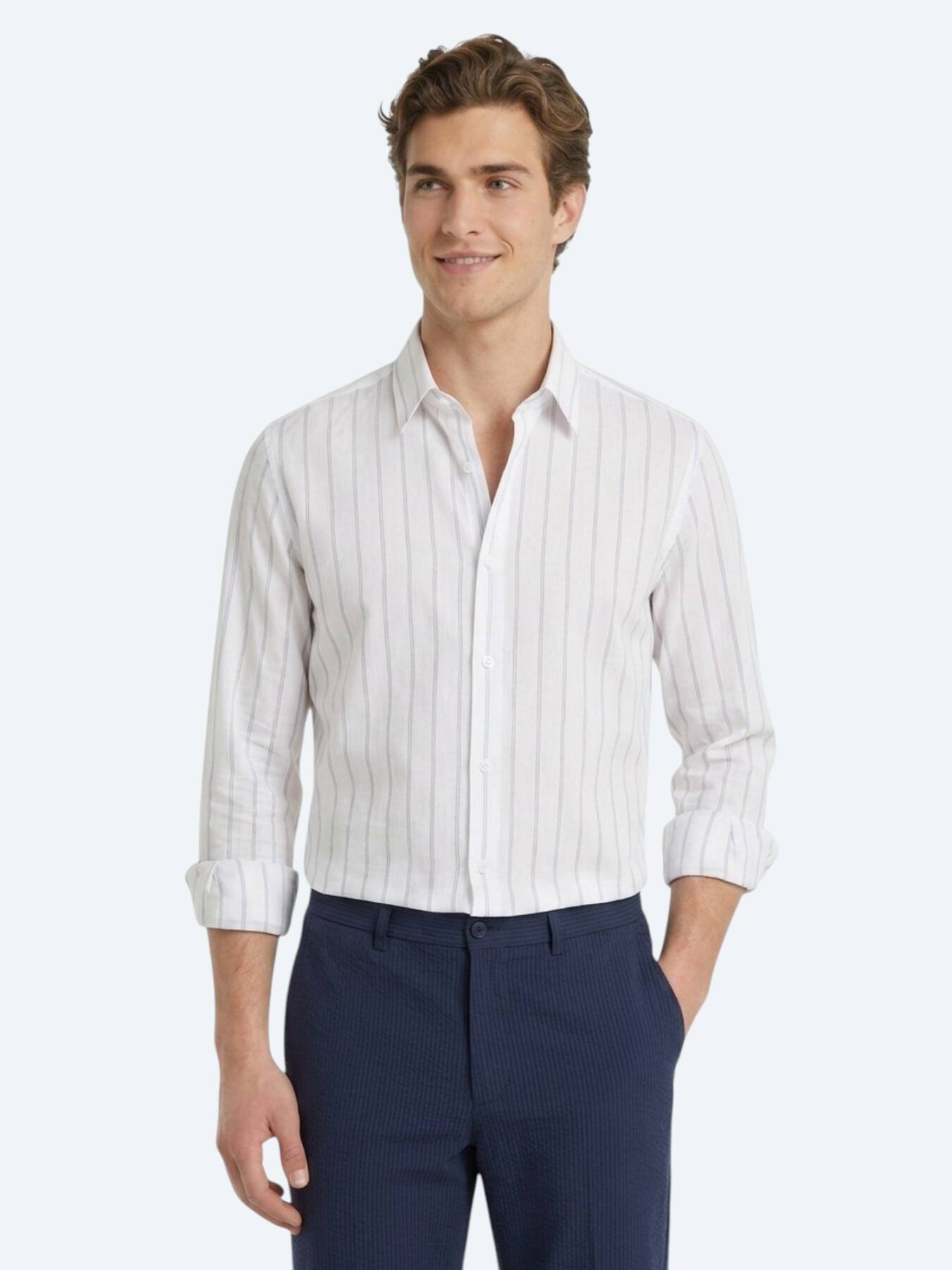 Açık Mavi Çizgili Regular Fit Uzun Dokuma Casual Pamuk Karışımlı Gömlek