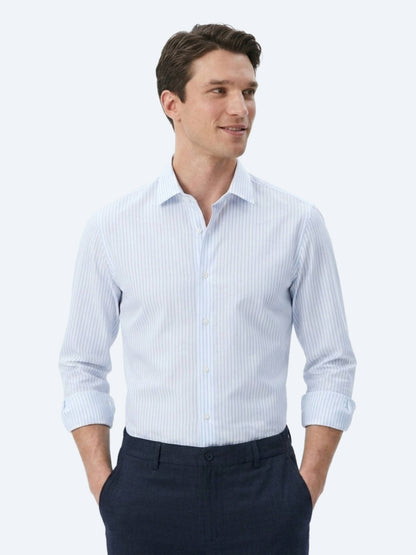 Açık Mavi Çizgili Regular Fit Uzun Dokuma Casual Pamuk Karışımlı Gömlek
