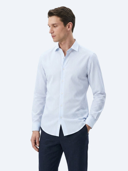 Açık Mavi Çizgili Regular Fit Uzun Dokuma Casual Pamuk Karışımlı Gömlek