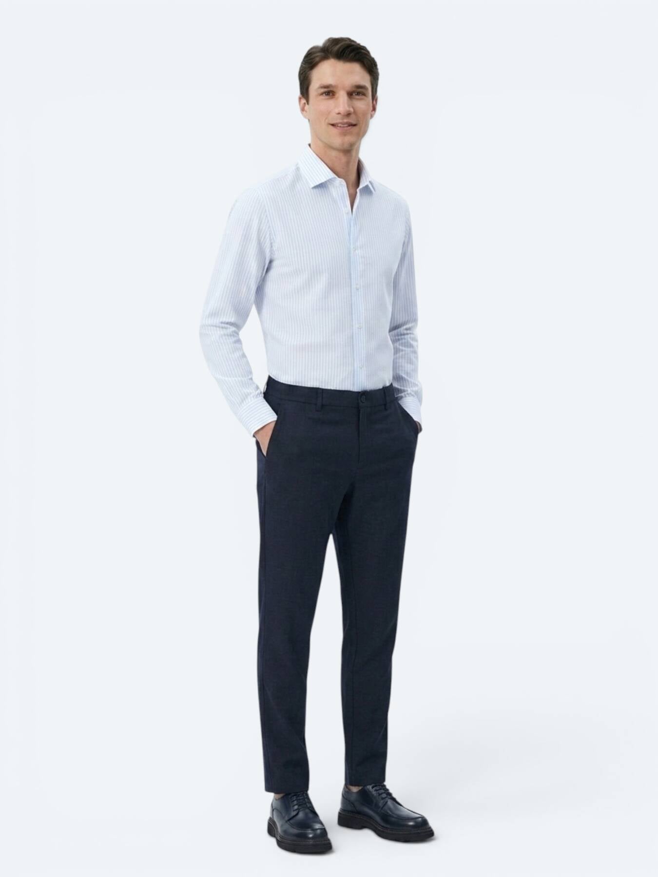 Açık Mavi Çizgili Regular Fit Uzun Dokuma Casual Pamuk Karışımlı Gömlek