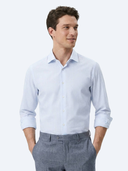 Açık Mavi Çizgili Regular Fit Uzun Dokuma Casual Pamuk Karışımlı Gömlek