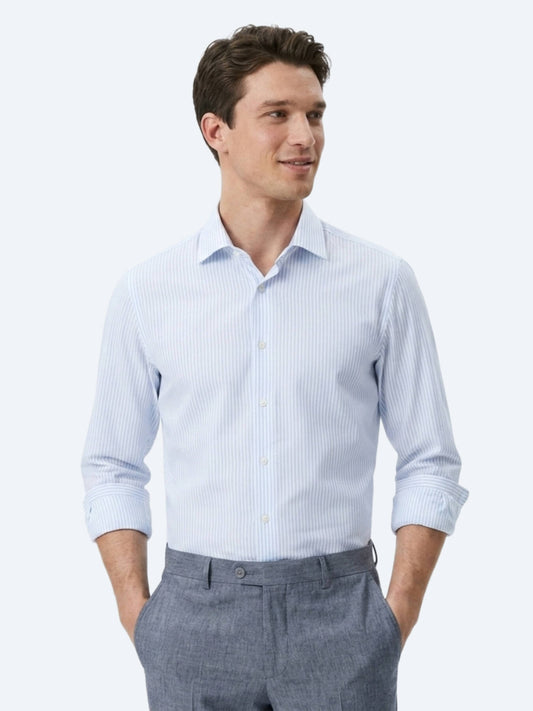 Açık Mavi Çizgili Regular Fit Uzun Dokuma Casual Pamuk Karışımlı Gömlek