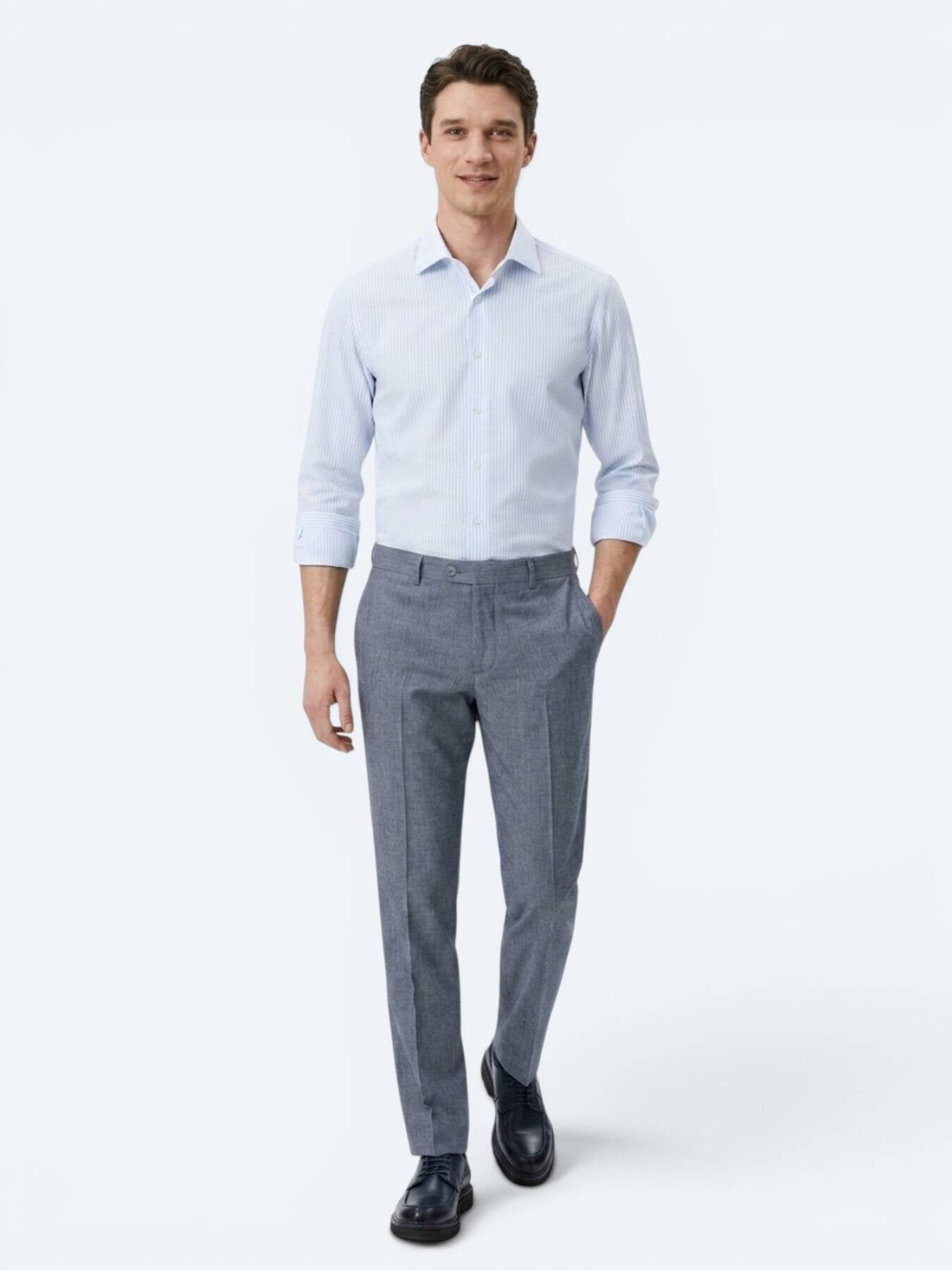 Açık Mavi Çizgili Regular Fit Uzun Dokuma Casual Pamuk Karışımlı Gömlek