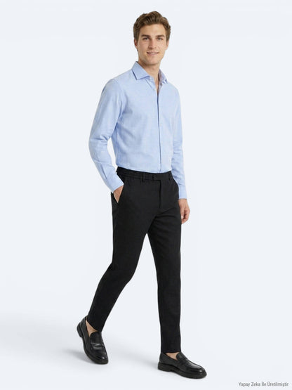 Açık Mavi Düz Regular Fit Uzun Dokuma Casual Pamuk Karışımlı Gömlek