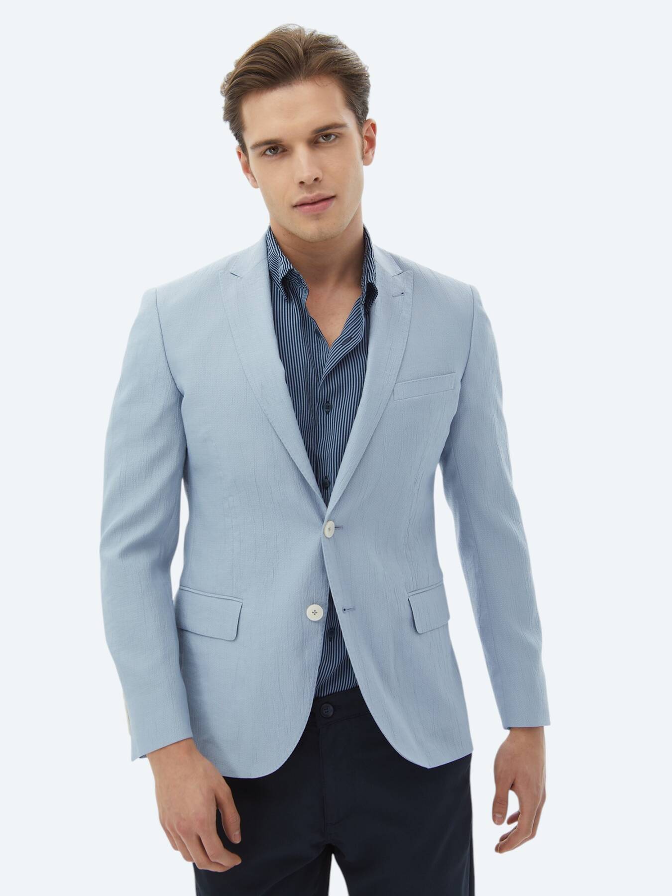 Açık Mavi Düz Slim Fit Ceket