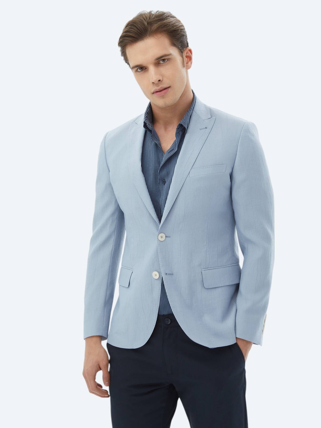 Açık Mavi Düz Slim Fit Ceket