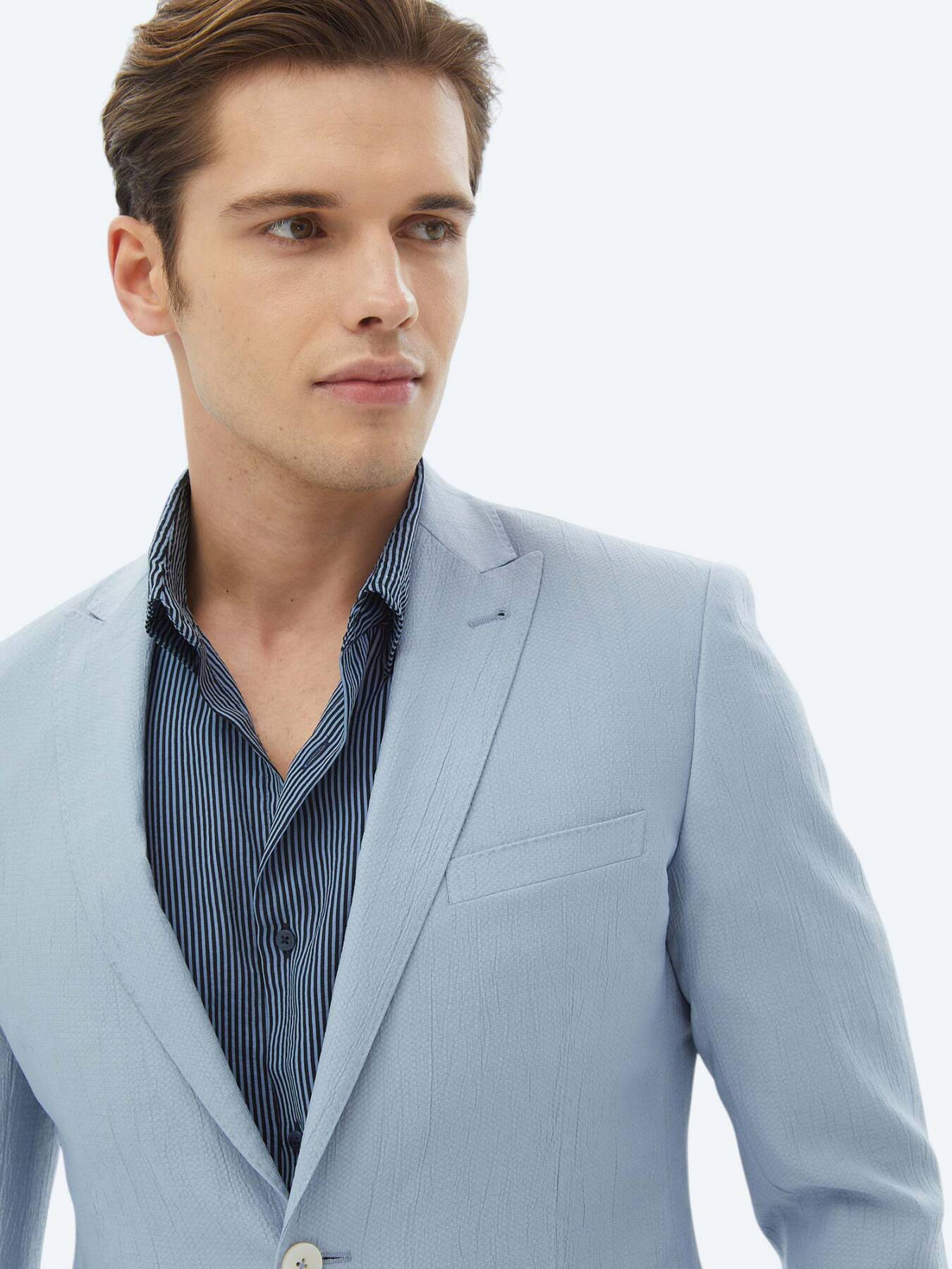 Açık Mavi Düz Slim Fit Ceket