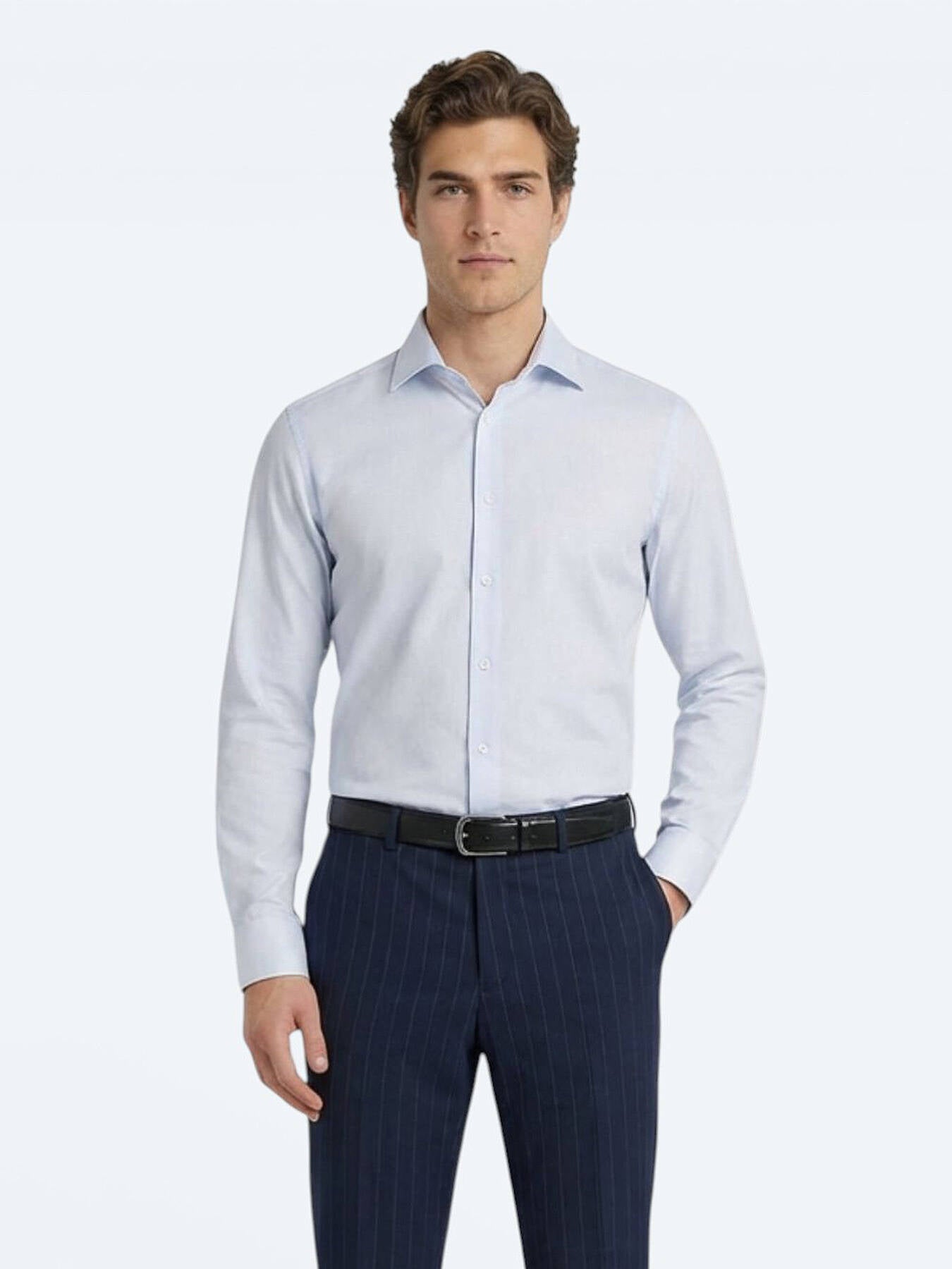 Açık Mavi Düz Slim Fit Uzun Dokuma Klasik %100 Pamuk Gömlek