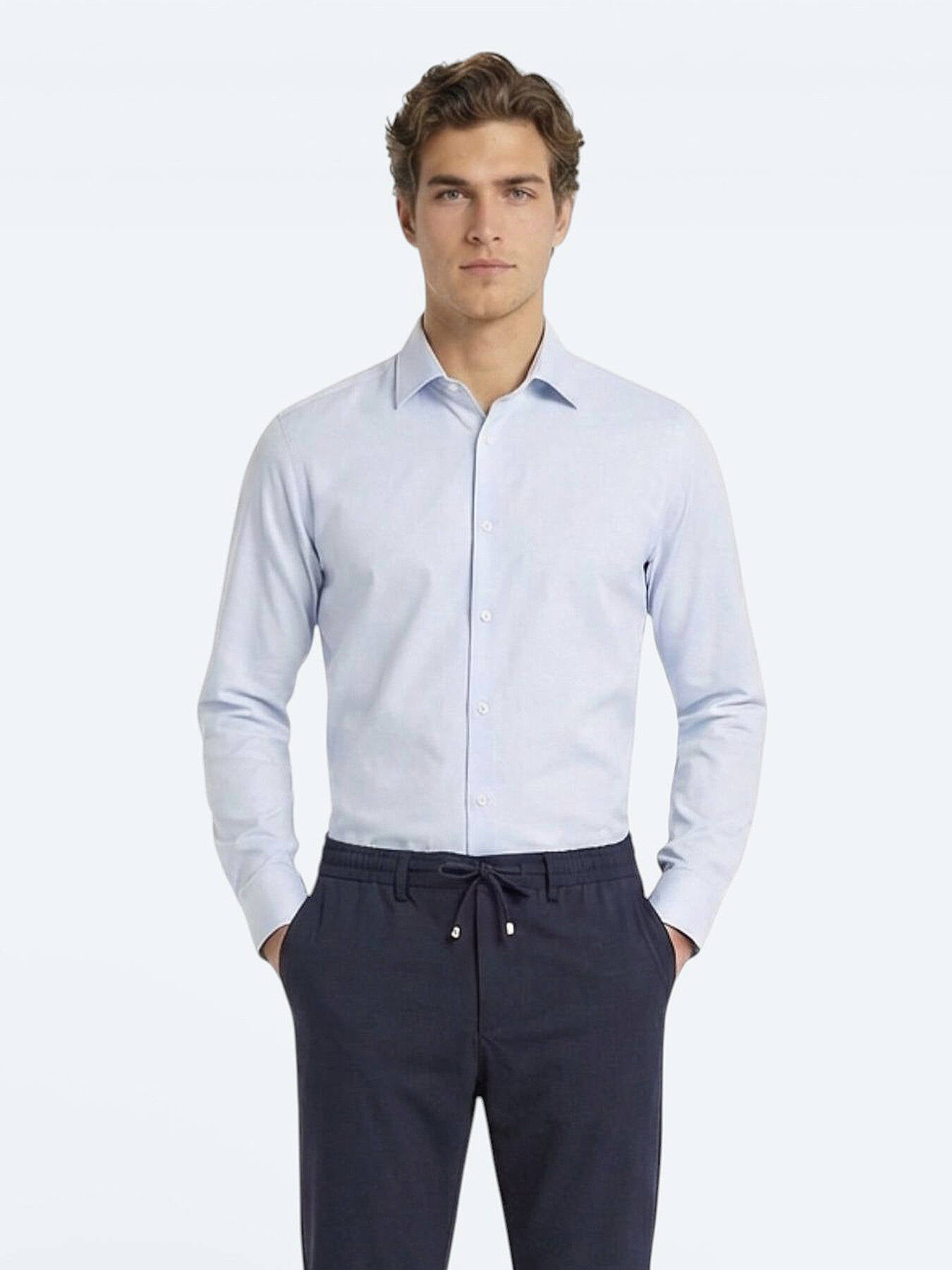 Açık Mavi Düz Slim Fit Uzun Dokuma Klasik Pamuk Karışımlı Gömlek
