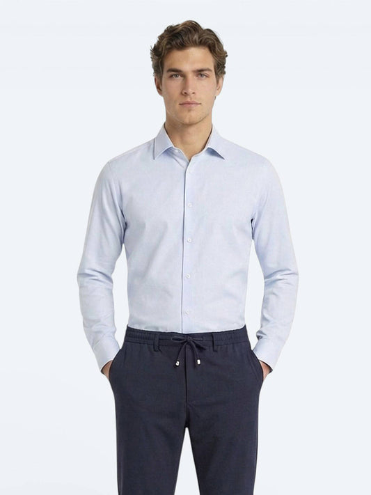 Açık Mavi Düz Slim Fit Uzun Dokuma Klasik Pamuk Karışımlı Gömlek