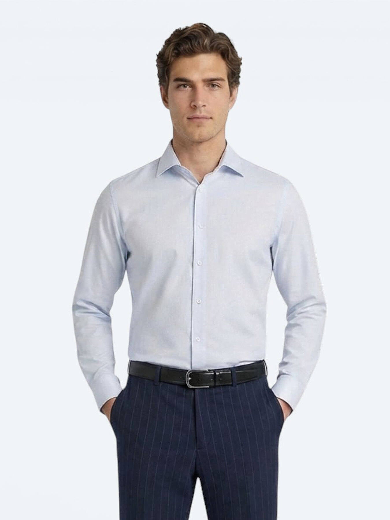 Açık Mavi Düz Slim Fit Uzun Dokuma Klasik %100 Pamuk Gömlek